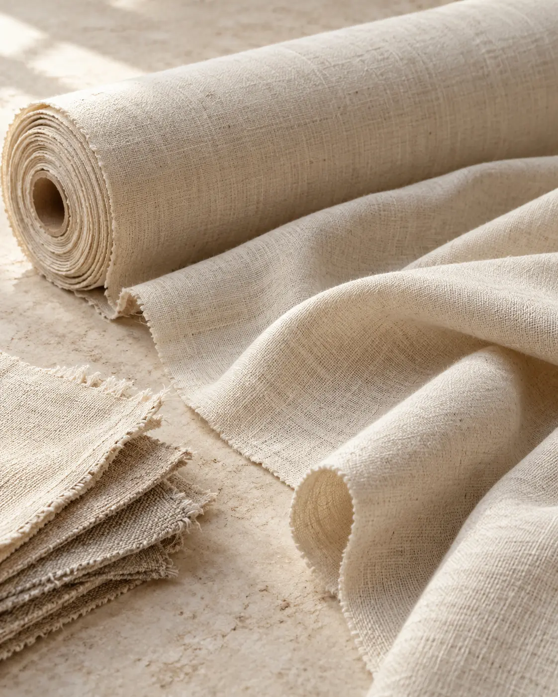 Illustrative editorial study of natural greige fabric, soft folds and swatches